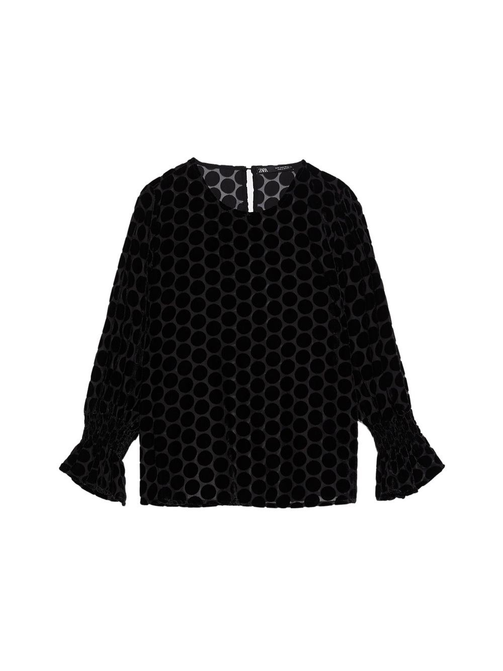 NWT Zara Black Velvet Polka-Dot Bell Sleeve Blouse